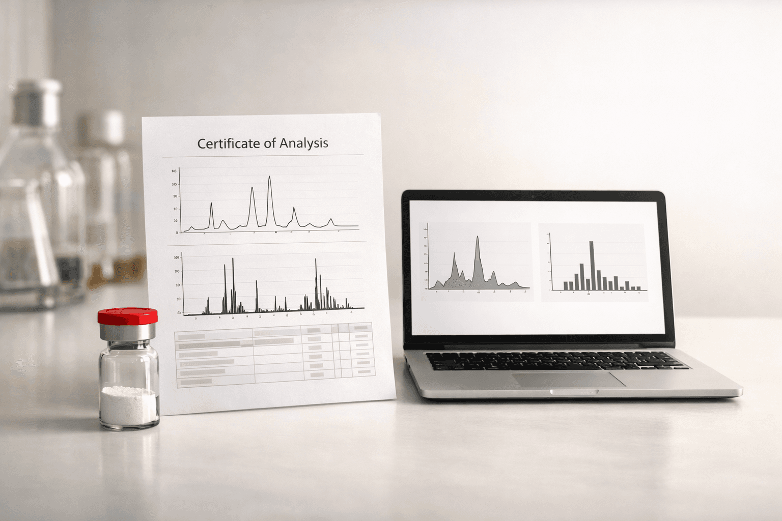 Peptide vial beside a certificate of analysis with HPLC and mass spectrometry graphs on a clean laboratory bench