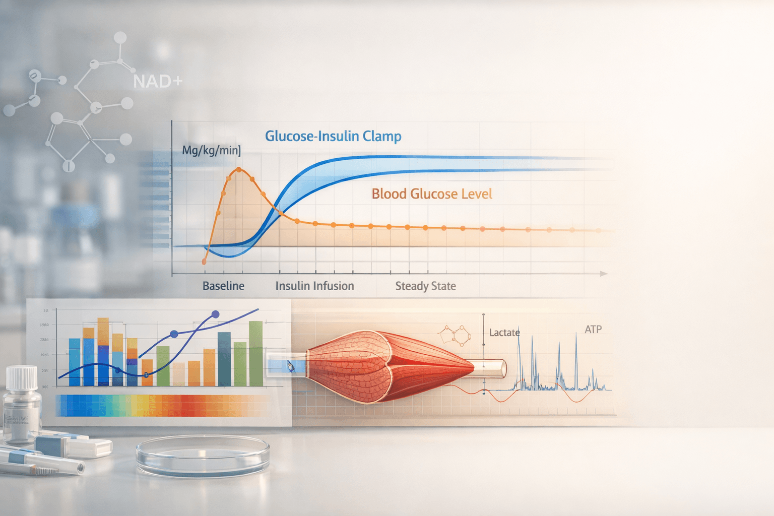 Abstract laboratory data visualization representing NAD+ research and insulin sensitivity endpoints.