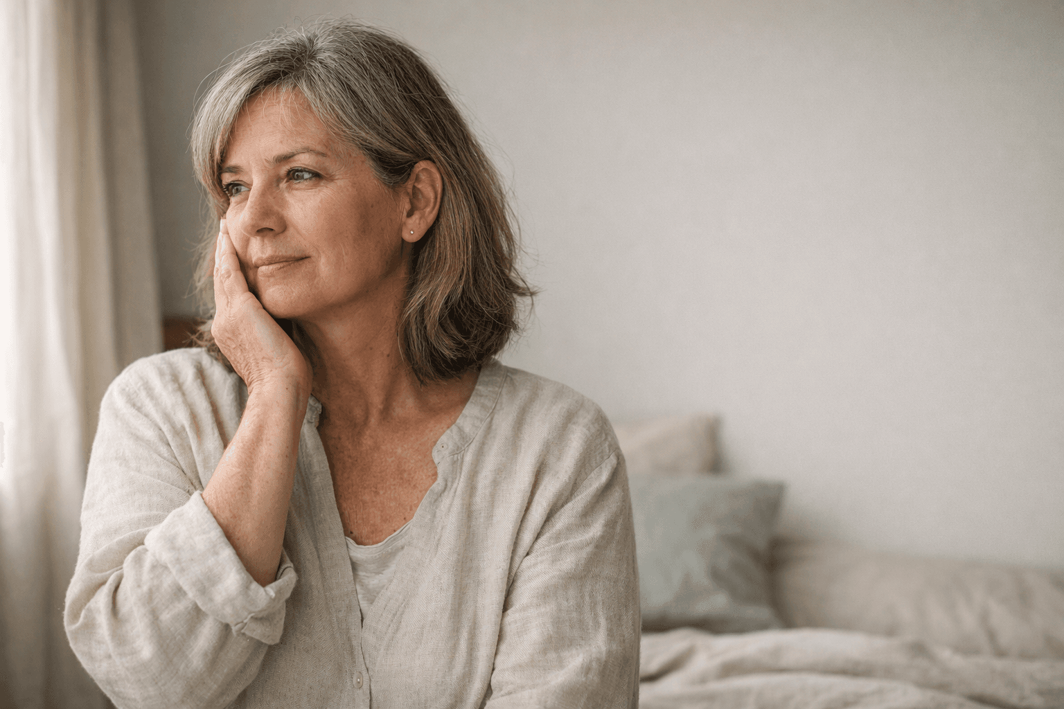 Woman in soft morning window light touching her cheek thoughtfully.