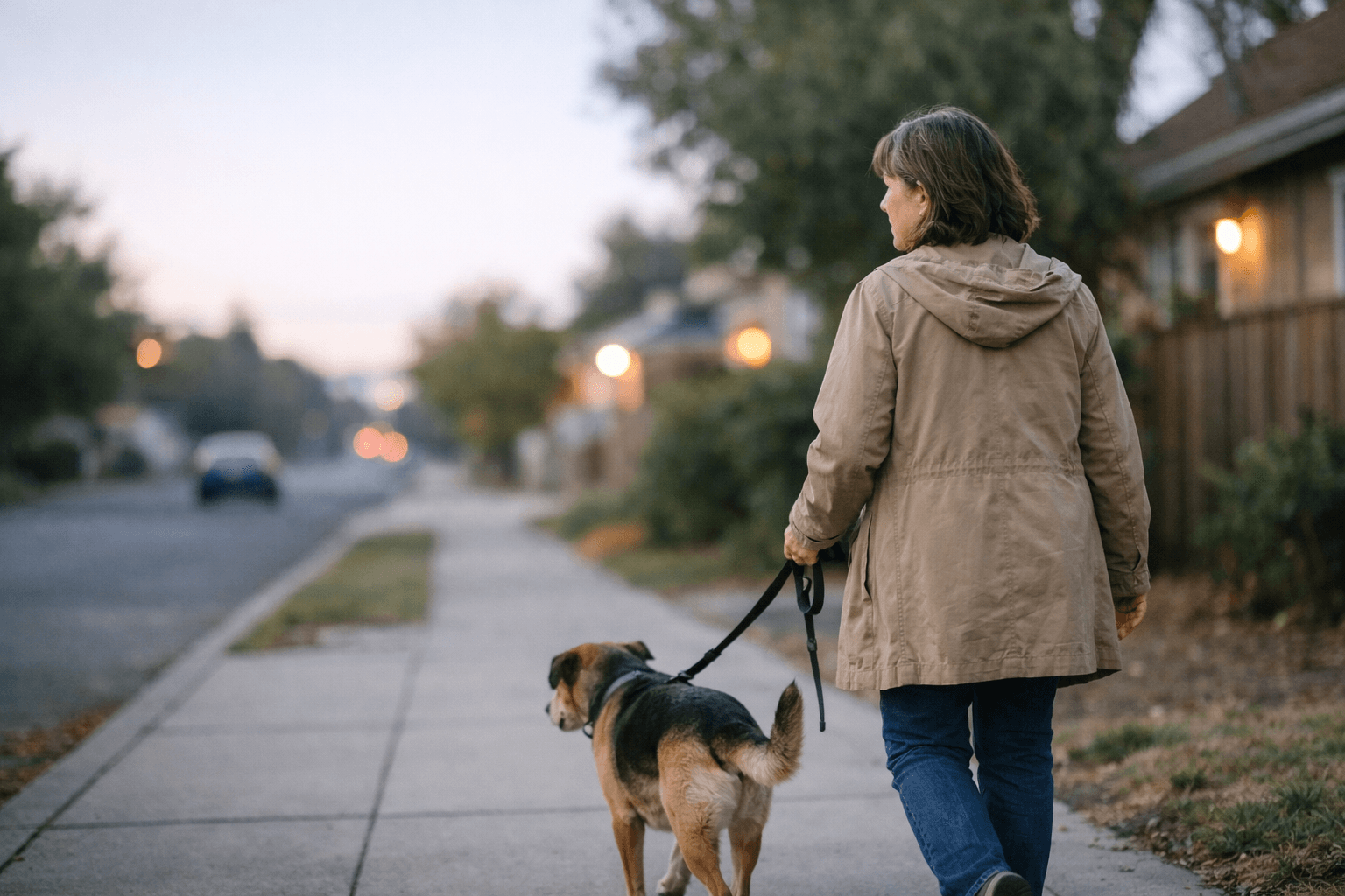 Midlife woman walking a dog at dawn on a quiet sidewalk.